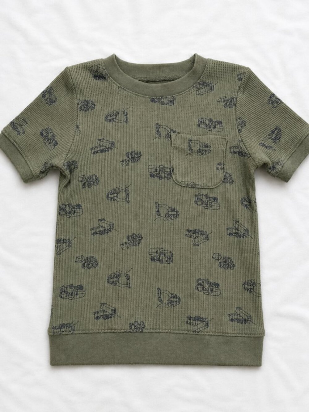 Carter's Waffle Knit Boys 4T Shirt - Olive Green Work Construction Truck Print